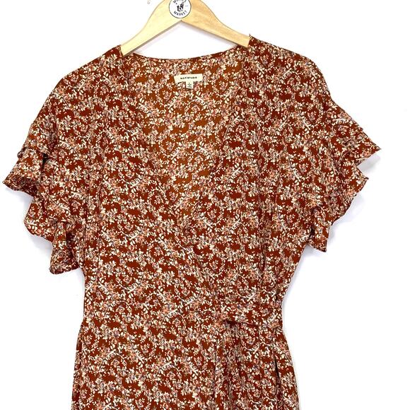 Max Studio Floral Maxi Wrap Dress Womens L Rust Red Boho Ruffles Cottagecore - Picture 3 of 10